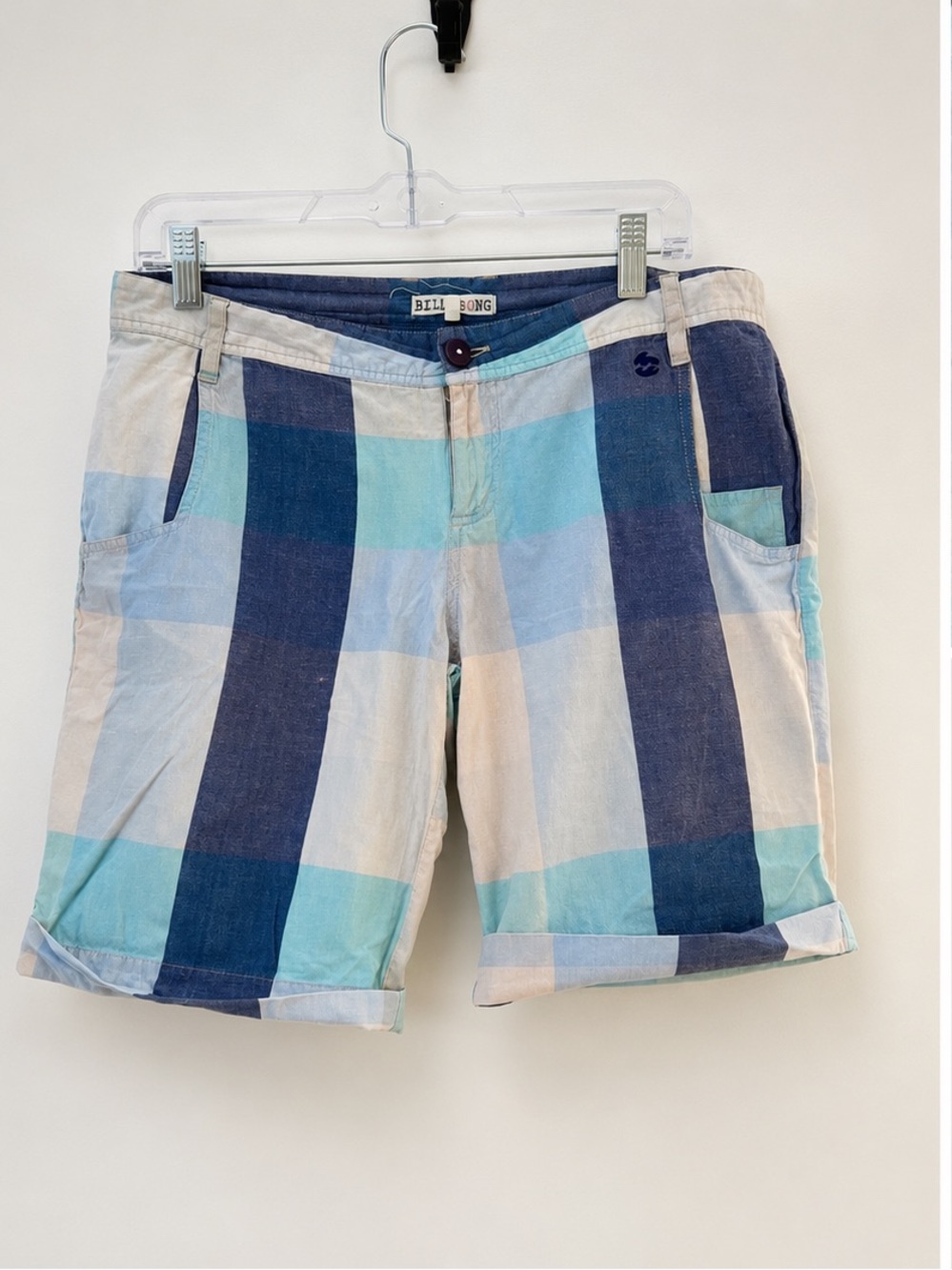 Billabong Navy, Aqua and Light Blue Plaid Shorts